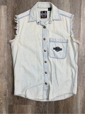 Biker Blues W’s Harley Davidson Denim Shirt Vest Fringed Sleeveless Shirt-size S
